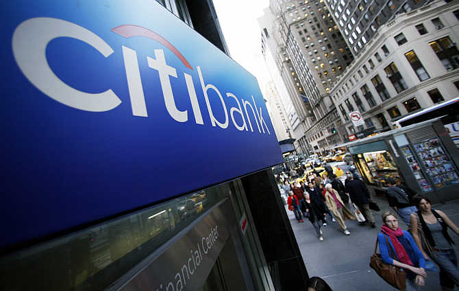 A Citibank sign on the side of a branch in New York.