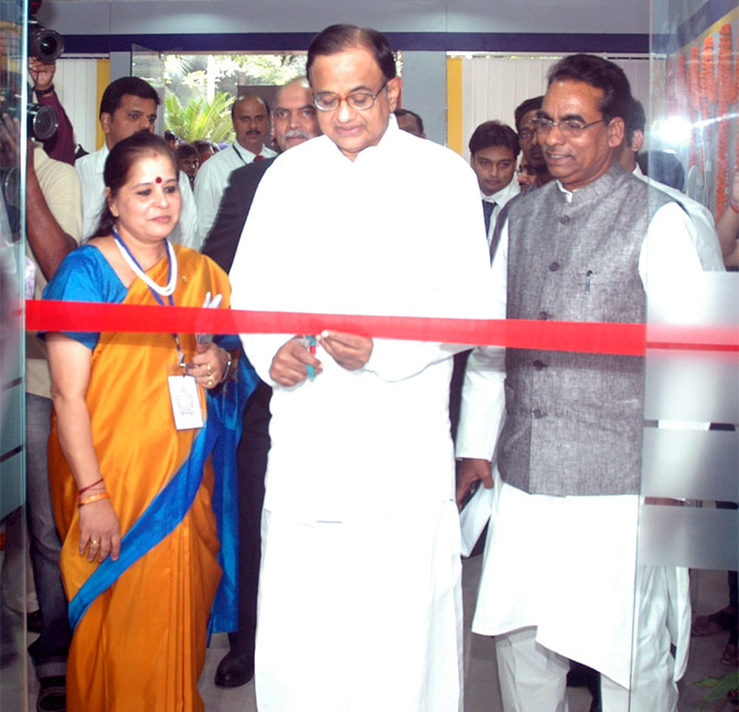 Finance Minister P Chidambaram with Usha Ananthasubramanian at the inauguration of the Bharatiya Mahila Bank.