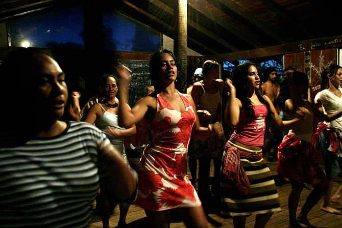 Women practice a traditional dance on Easter Island, an territory that's part of Chile.