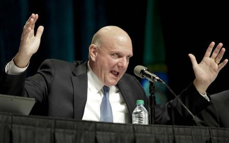Microsoft Chief Executive Steve Ballmer answers questions at the company's annual shareholder meeting in Bellevue, Washington.