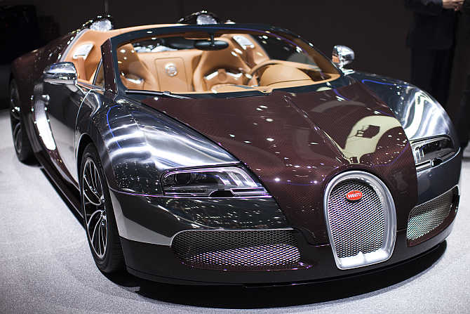 Bugatti Veyron Grand Sport on display at the Palexpo in Geneva, Switzerland.