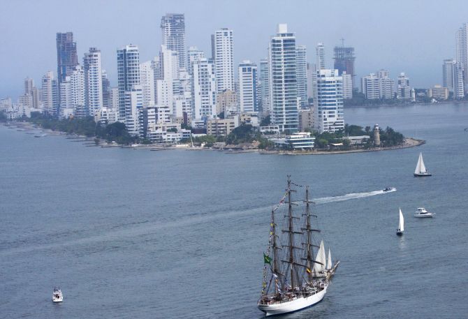 Brazil-registered Cisne Blanco ship arrives at the Caribbean port of Cartagena.