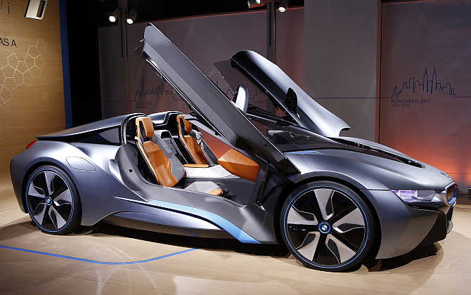 BMW i8 Concept Spyder hybrid gas/electric car is displayed in New York City.