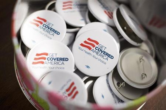 Get Covered America buttons are seen during a training session in Chicago, Illinois.