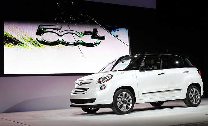 The 2013 Fiat 500L car on display in Los Angeles.