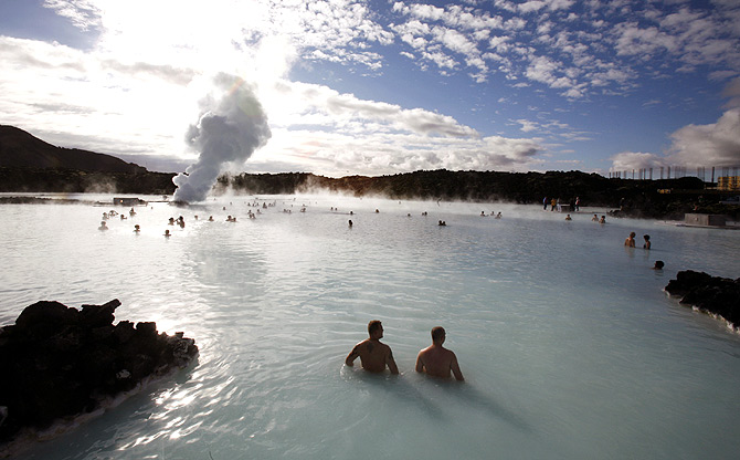 Bathers swim in the geothermal hot springs at Iceland's Blue Lagoon near Grindavik.