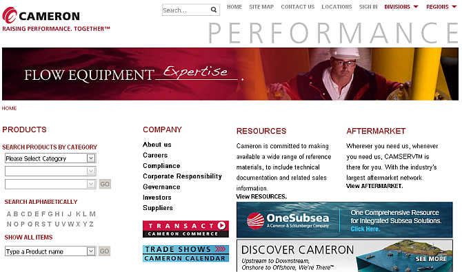 Homepage of Cameron International.