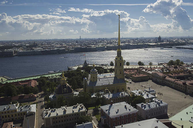 An aerial view shows the Peter and Pawel Fortress on the bank of the Neva river, ahead of the G20 Summit, in St Petersburg, Russia.