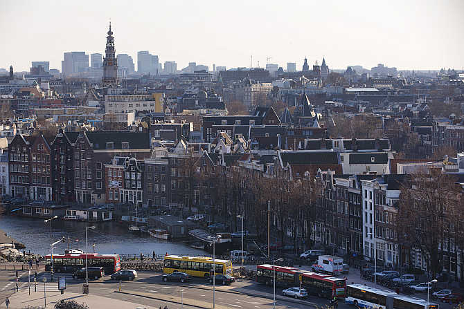 A rootop view of Amsterdam from SkyLounge on the 11th floor of the DoubleTree by Hilton Hotel in Amsterdam, the Netherlands.