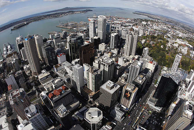 A view of Auckland City from atop the Sky Tower in New Zealand.