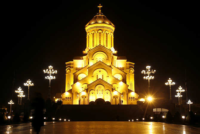 A view of the Holy Trinity Cathedral in Tbilisi, Georgia.