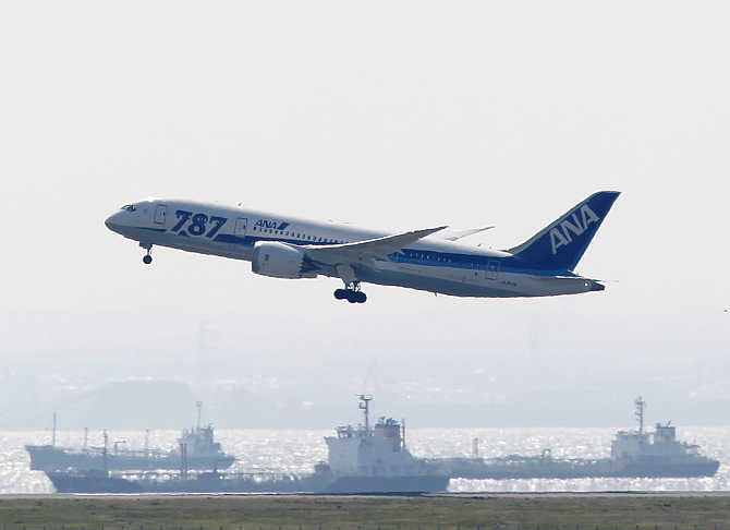 An All Nippon Airways's Boeing Co's 787 Dreamliner plane takes off for a test flight at Haneda airport in Tokyo.
