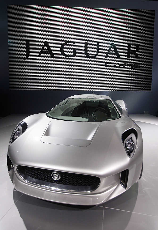 Jaguar C-X75 concept car on display in Paris, France.