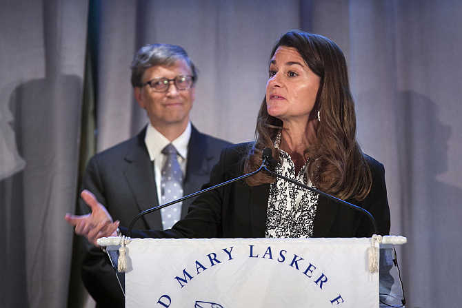 Melinda Gates speaks in front of her husband, Microsoft co-founder Bill Gates, in New York.