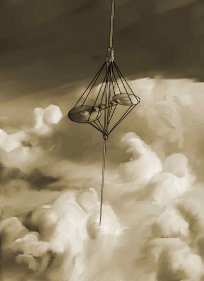 An artist's impression of a space elevator climbing through the clouds.
