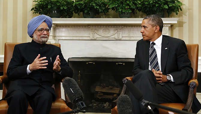 The last time an Indian prime minister visited the White House was almost to the day before Prime Minister Narendra Modi arrives at the Oval Office. Then prime minister Manmohan Singh with US President Barack Obama, September 27, 2013. Photograph: Kevin Lamarque/Reuters
