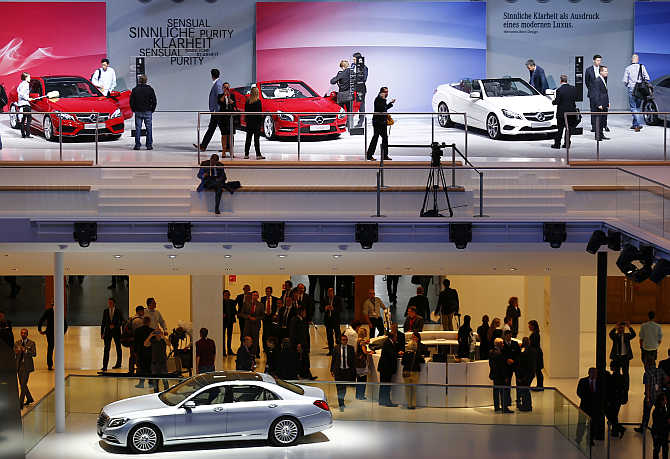 Mercedes cars are pictured during a media preview day at the Frankfurt Motor Show in Germany.