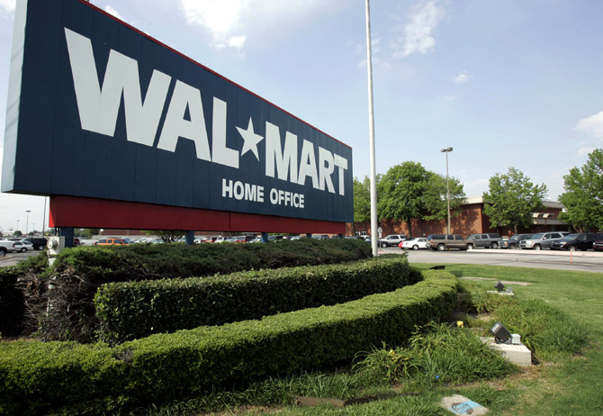 A sign marks Wal-Mart's headquarters in Bentonville.