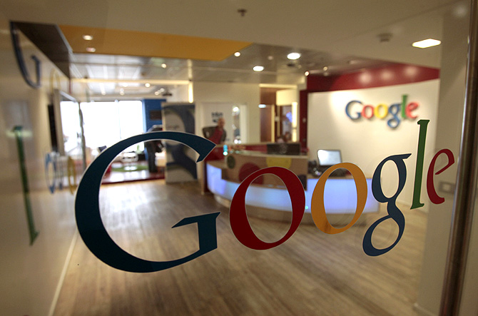 The Google logo is seen on a door at the company's office in Tel Aviv.
