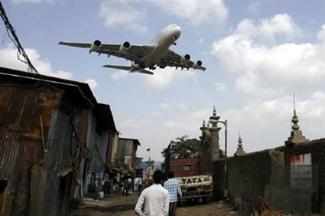An Airbus A380 aircraft prepares to land at Mumbai airport.