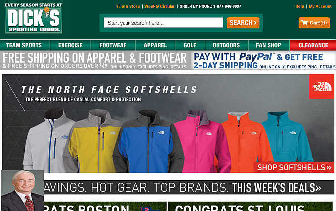 Homepage of Dick's Sporting Goods website. Inset, Edward Stack.