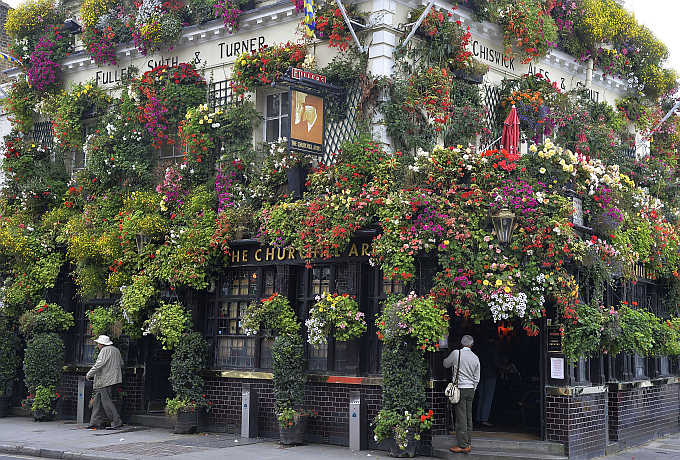 A customer stands outside The Churchill Arms pub in central London, United Kingdom. The 18th century public house has twice won the 'London in Bloom' competition for its floral displays and hanging baskets which adorn the outside.