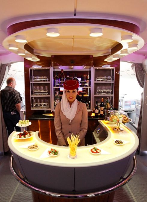 A bar in the first class section on board an Emirates Airbus A380 passenger plane.