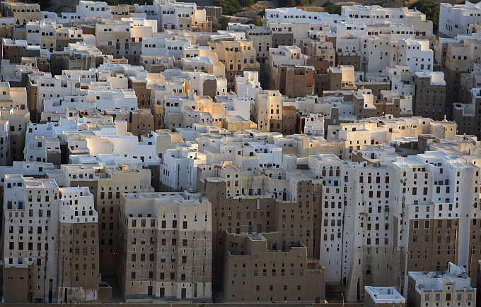 An aerial view of historical city of Shibam in southeastern Yemen.