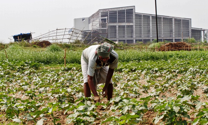 A farmer works in a field next to the closed Tata Motors Nano car factory in Singur.