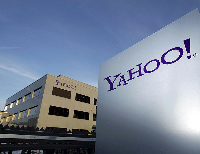 A Yahoo logo is pictured in front of a building in Rolle, 30 km (19 miles) east of Geneva.