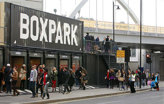 A view of Boxpark Shoreditch shopping mall in London, United Kingdom.