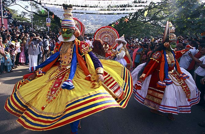 Indian folk dancers perform during the 28th Cochin Carnival at Fort Kochi in the southern Indian city of Kochi.