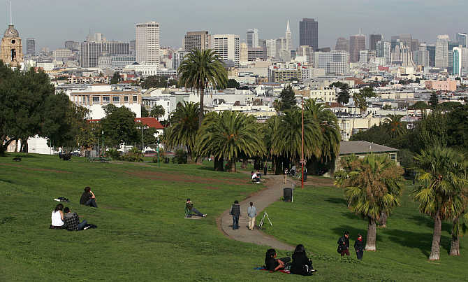 A view of the Dolores Park with the skyline of San Francisco, California, United States.