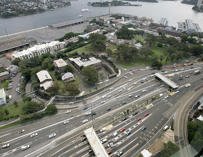 An expressway and wharves share a small patch of land near Darling Harbour in Sydney, Australia.