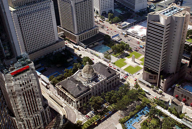 An aerial view of the Legislative Council building, centre, in Hong Kong's central business district.