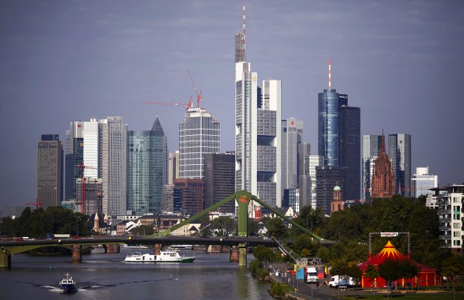The skyline of Frankfurt with its characteristic bank towers is pictured early morning.