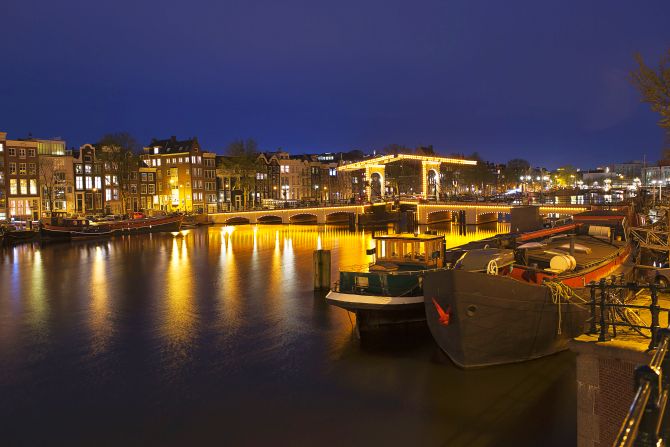 Nightview of the Magere Brug, the skinny bridge,the most famous bridge in Amsterdam.