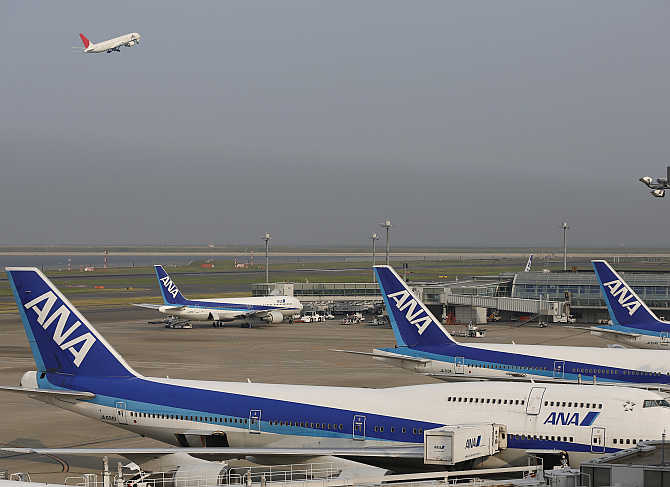 All Nippon Airways's aeroplanes at Haneda airport in Tokyo, Japan.