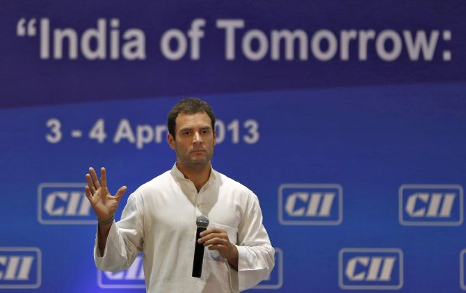 Rahul Gandhi, a lawmaker and son of India's ruling Congress party chief Sonia Gandhi, speaks during the 2013 annual general meeting and national conference of Confederation of Indian Industry (CII) in New Delhi.