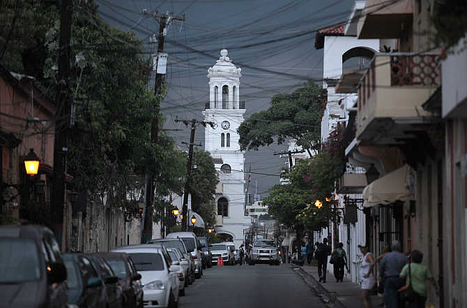 A view of a street in the Colonial Zone of Santo Domingo, Dominican Republic.