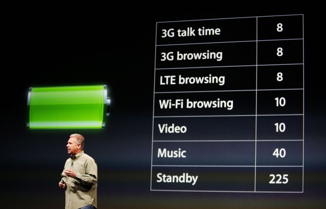 Phil Schiller, senior vice president of worldwide marketing at Apple Inc., talks about battery life of the iPhone 5 during Apple Inc.'s iPhone media event in San Francisco, California.