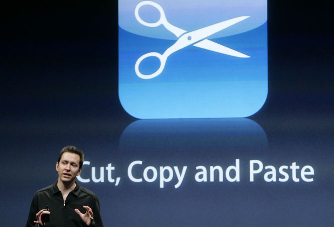 Scott Forstall, senior vice president for iPhone Software, discusses the new cut, copy and paste application of the iPhone OS 3.0 software at Apple Inc. campus in Cupertino.