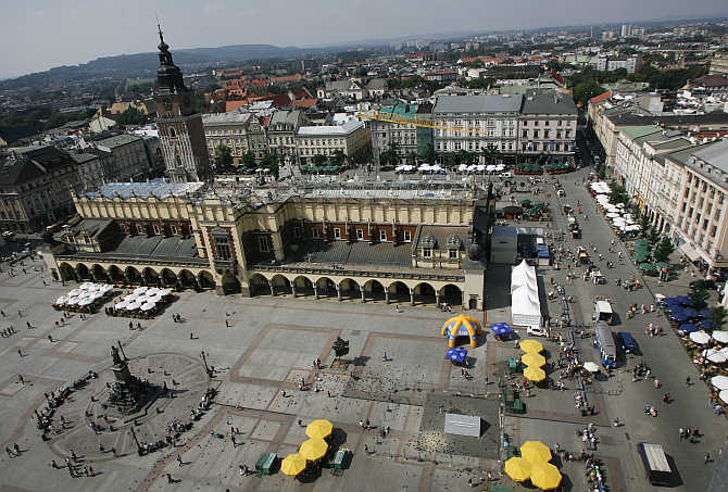 A view of Sukiennice Cloth Hall in the Main Market Square in Krakow, southern Poland.