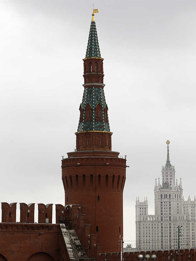 Kremlin Beklemishevskaya Tower, also known as Moskvoretskaya, in central Moscow, Russia.