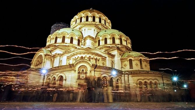 Bulgarians walk around the golden-domed Alexander Nevski cathedral after an Easter service in Sofia.