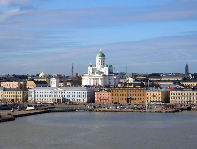 The Lutheran Cathedral in Helsinki seen from the South Harbour.