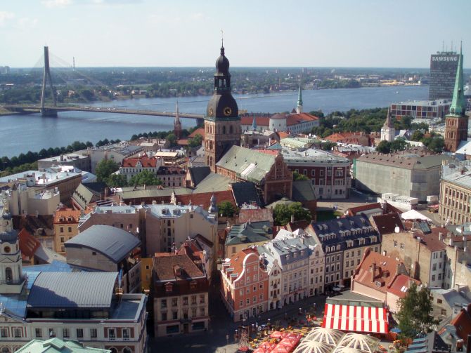 View of Riga towards the cathedral and Vansu Bridge.