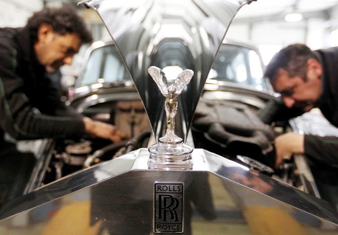 The mascot, the so-called Spirit of Ecstasy or Emily, is seen on a Rolls Royce Silver Cloud II automobile at the Continental Automobile dealership in Villeneuve sur Lot, Southwestern France.