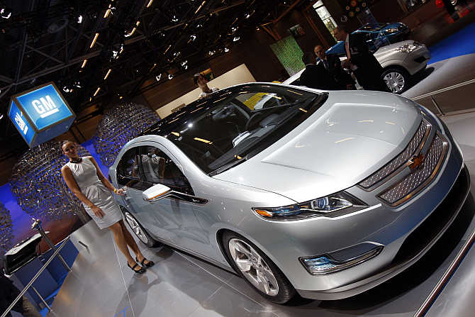 Chevrolet Volt on display in Paris, France. Chevrolet brand is owned by General Motors.