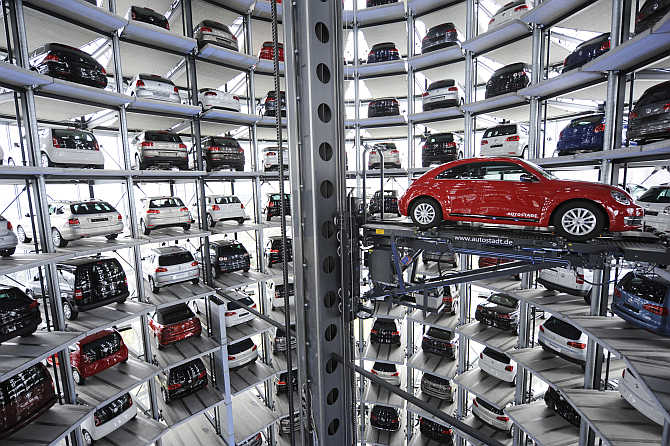 Volkswagen Beetle in a delivery tower at the company's headquarter in Wolfsburg, Germany.
